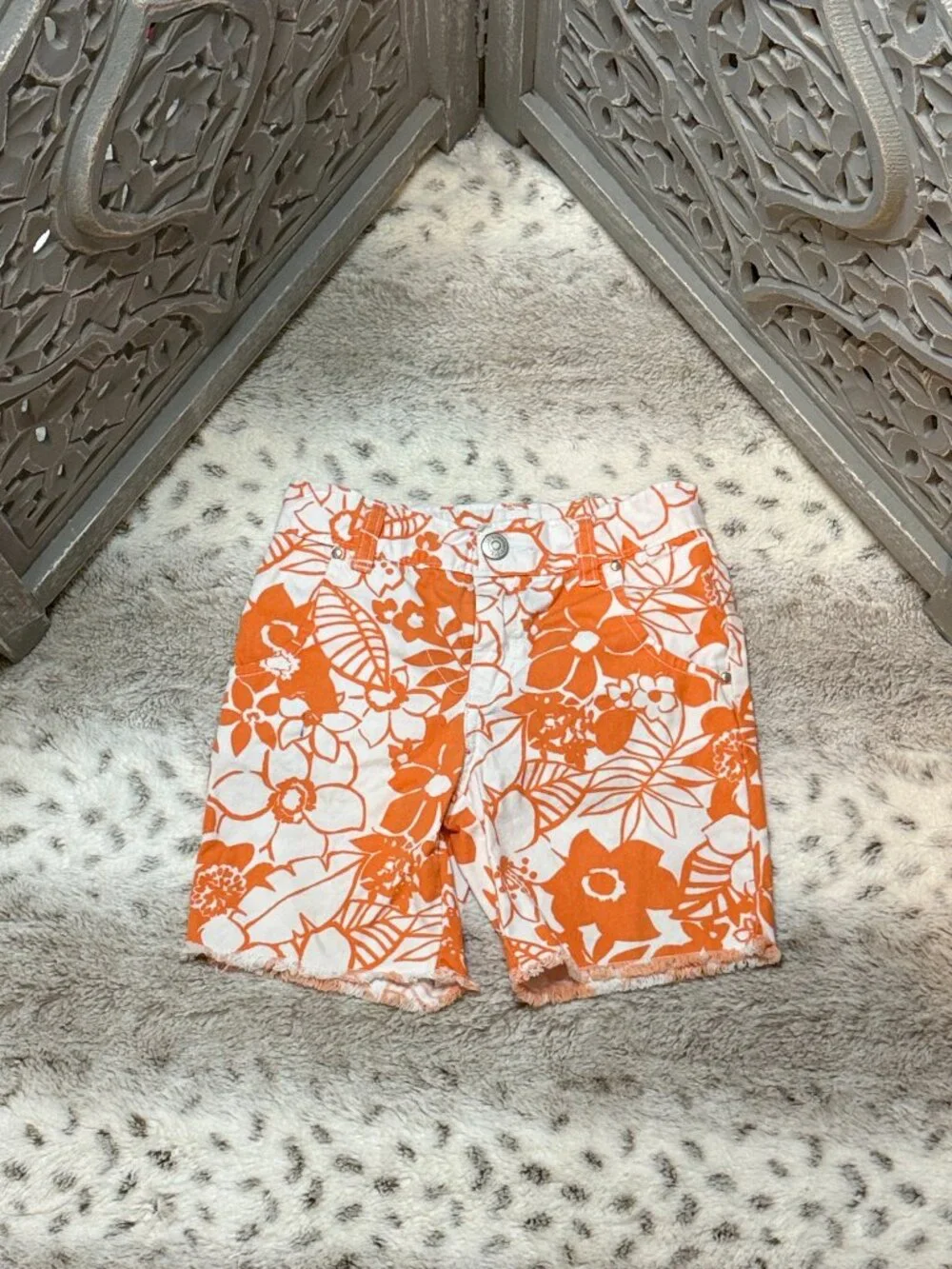 Gymboree orange white floral jean shorts girls 4T Hawaiian summer vacation